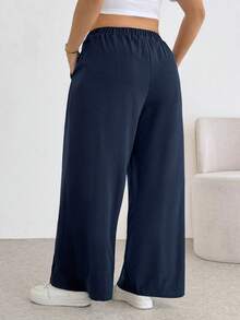 SHEIN Essnce Plus-Size Women's Spring/Summer Fashionable Casual Loose Comfortable Everyday Basic Versatile Slimming Elastic Waist Dark Blue Wide-Leg Pants,Women Bottom,Spring Clothes,Simple Style,Work Pants,Baggy Pants - Red - View 2