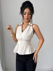 Elenzga Women's Casual Elegant Sleeveless Blouse With Contrast Ruffle Trim, Suitable For Spring/Summer, Commute, Vacation, Afternoon Tea, Valentine's Day Party - Apricot - View 5