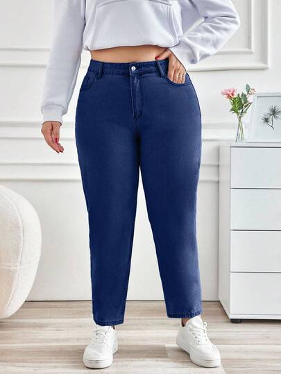 RueChic Plus Size Solid Color Slant Pocket Casual Versatile Jeans
