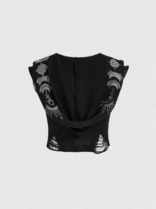 ROMWE Goth Hippie Star & Moon Embroidered Witch Hooded Shawl Collar Sheer Knit Top For Women - Black - View 2