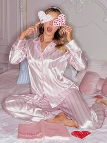 Sweet Pink Striped Heart Lace Patchwork Long Sleeve Collar Women Pajama Set