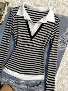 Noixe Women's Striped Print Casual Pullover Long Sleeve Top - Black and White - View 4