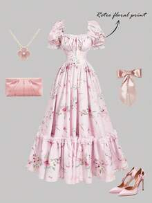 SHEIN MOD 粉色印花维多利亚风格蕾丝荷叶边长裙——复古礼服、派对礼服、舞会礼服；做工精致，完美适用于度假、约会、野餐、派对、舞会、节日和生日等场合；浪漫可爱 - 粉色 - 查看 2