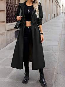 SHEIN LUNE 女士休闲纯色收腰拉链连帽长款风衣