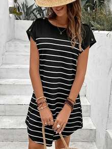 SHEIN Frenchy Striped Print Botton Short Batwing Sleeve Tee Dress,Black Dress For Women - Black - View 5