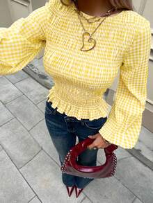 Siren Gaze 女士格子收腰圆领长袖衬衫，圣诞节女士休闲衬衫，褶裥设计，修身腰部，弹力格子衬衫 - 黃色 - 查看 1