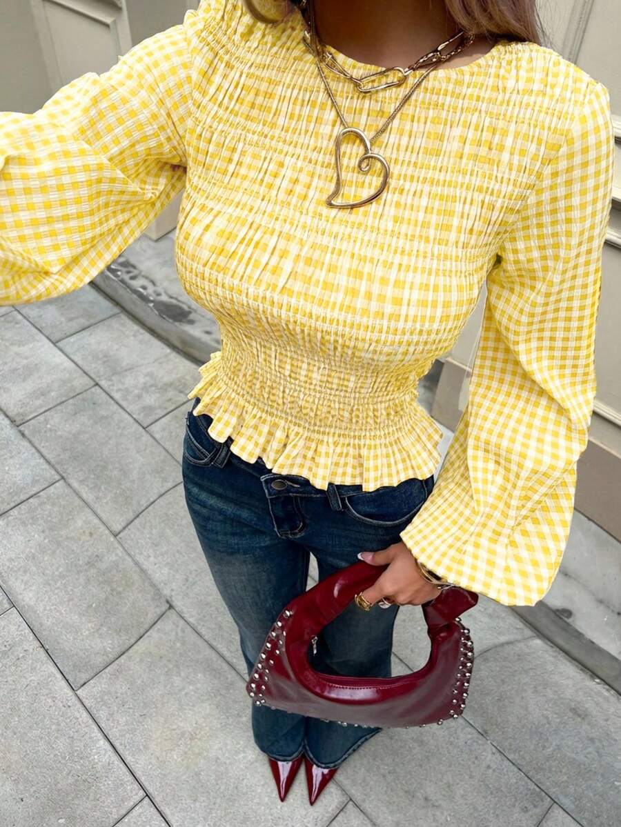 Siren Gaze 女士格子收腰圆领长袖衬衫，圣诞节女士休闲衬衫，褶裥设计，修身腰部，弹力格子衬衫 - 黃色 - 查看 1