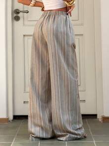 Muchica New Women's Yellow Striped Cotton-Linen Knit Drawstring Casual Pants, Perfect For Summer Beach Vacations. - Multicolor - View 2