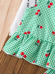 Young Girl Plaid & Cherry Print Ruffle Hem Sleeveless T-Shirt And Shorts Set - Green - View 5
