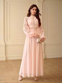ZEYLAH Elegant Romantic Lace Patchwork Flare Sleeve Fitted A-Line Dress, Spring/Summer - Coral Pink - View 3