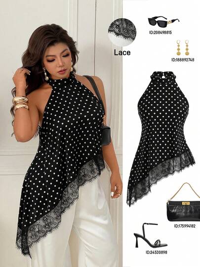 Femmeverse Plus Size Women Polka Dot Halter Neck Asymmetrical Ruffle Hem Sleeveless Blouse