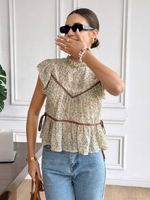 Serisse Áo kiểu nữ đi nghỉ mát họa tiết hoa nhí, cổ bèo nhún, tay ngắn, thắt eo. - Nhiều màu - Xem 7
