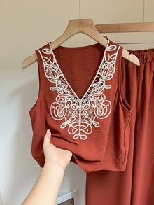 SHEIN Frenchy 2pcs Women's Summer Boho Vacation Holiday Rust Brown Linen Set,Embroidered V-Neck Tank Top And Wide Leg Pants,Casual Comfy Modest Two Piece Outfits - Brown - View 6