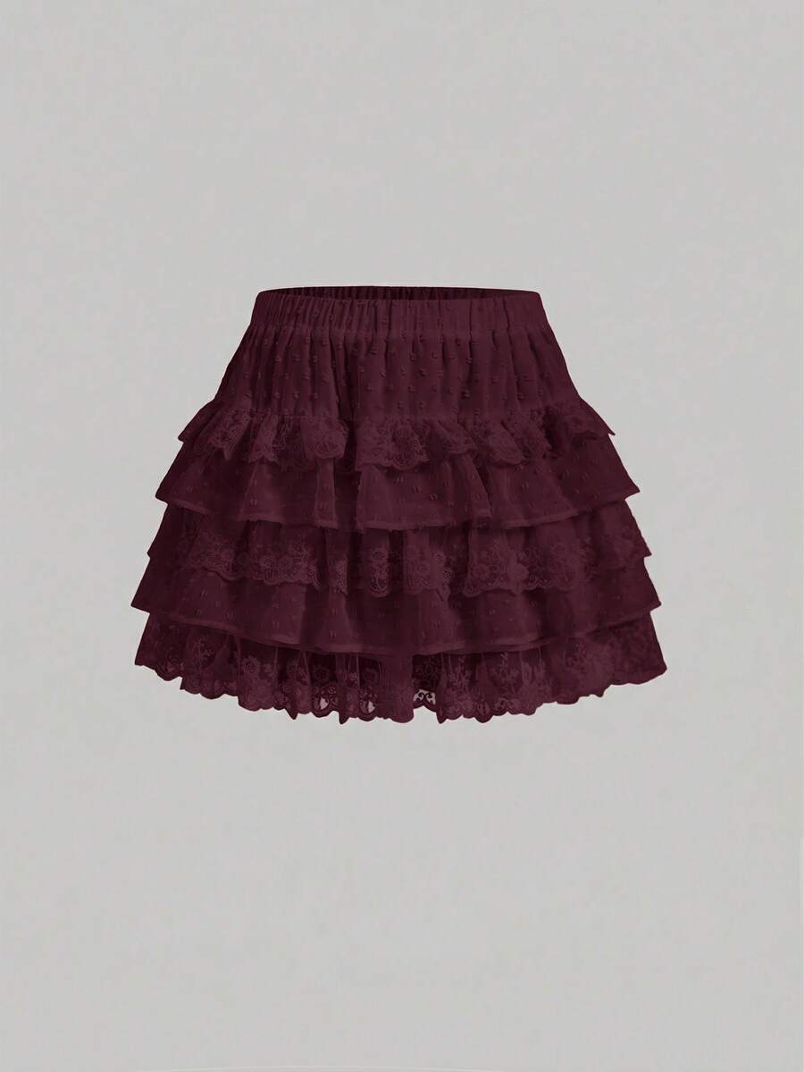 SHEIN MOD Women's Floral Lace Layered Ruffle Hem Short Skirt Ruffled Skirt Layered Skirt Maroon Skirt Burgundy Skirt Frilly Skirt - Burgundy - View 1