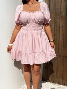 Sunnyshic Đầm nữ kiểu Pháp cổ điển cổ vuông, viền bèo nhún, tay phồng, thanh lịch, thích hợp cho công sở, mùa xuân/hè. - Hồng - Xem 7