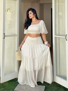 Sunnyshic Damen Große Größen Set aus Crop Top mit Puffärmeln und Rock Einfarbig, elegantes Urlaubsoutfit 2 Stücke - Aprikosenfarben - Übersicht 6