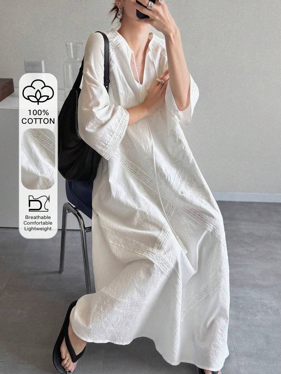 FRIFUL 女士全蕾丝刺绣袖口拼接网纱刺绣A字连衣裙,纯色休闲度假连衣裙,适合音乐节、毕业典礼等场合穿着。 - 白色 - 查看 1