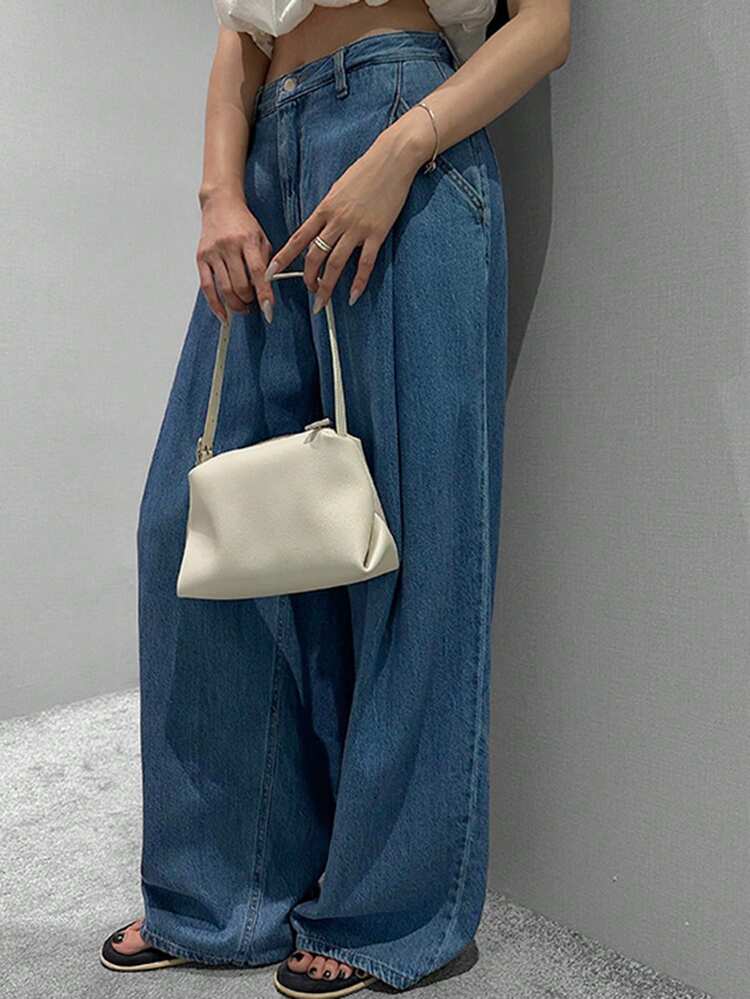 Vintage High Waist Pleated Wide Leg Straight Jeans, Flattering & Versatile