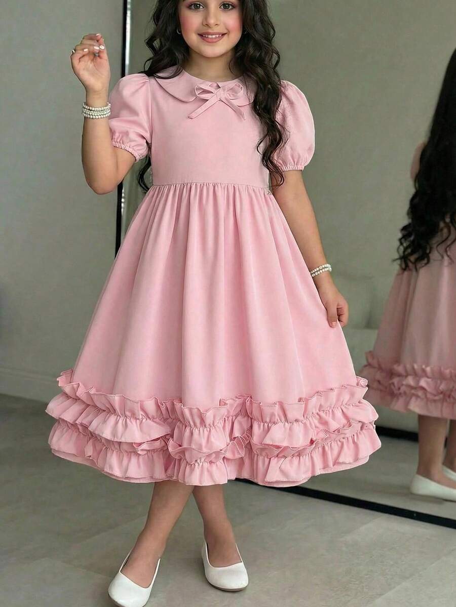 SHEIN Gaun Anak Perempuan Remaja Warna Polos Kerah Peter Pan dengan Hiasan Pita dan Lengan Pendek, Lucu - Aprikot - View 1