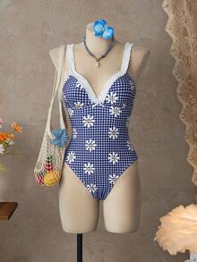 Swim Mod 2026春夏女士沙滩套装，连体泳衣，优雅浪漫甜美可爱海岛度假风，艺术雏菊蓝白格纹印花，精致蕾丝花边装饰，细肩带修身连体泳衣，适合夏季度假、海滩、泳池、日常穿着。2026新款女士泳装到货，适合上学、度假、约会、下午茶、西式、邮轮、海滩、海岛、公路旅行、四季皆宜、音乐节、波西米亚风度假、凉爽秋季、西部波西米亚风、优雅女士泳衣，活泼假日彩色印花波西米亚复古泳衣，复古泳衣，女士雏菊泳衣，格纹泳衣，连体泳衣 - 藍色 - 查看 9