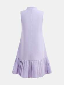 SHEIN 少女紫色纯色立领3D立体花卉装饰褶皱下摆A字无袖优雅连衣裙 - 紫色 - 查看 2
