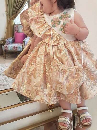 SHEIN Babygirl Cute Elegant Floral Embroidery Ruffle Hem Color Block Dress