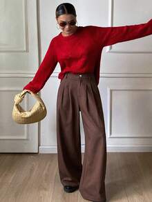 DAZY 女士宽松阔腿裤，休闲街头风，秋冬款 - 棕色 - 查看 6