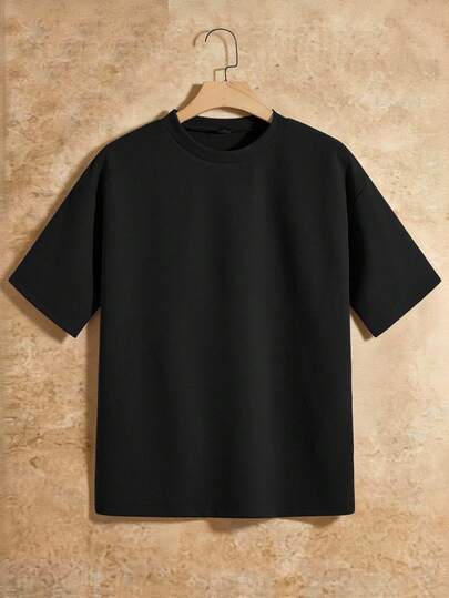 HIMLAND 男士休闲日常通勤简约纯色罗纹宽松落肩黑色T恤，夏季