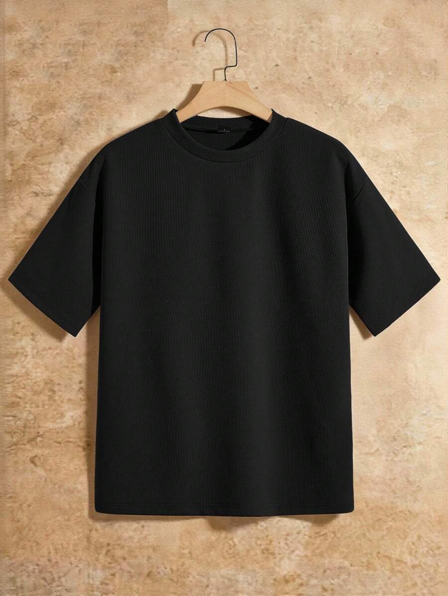 HIMLAND Áo thun nam màu đen trơn, dáng rộng, vai rớt, thích hợp mặc hàng ngày đi làm, mùa hè. - màu đen - Xem 1