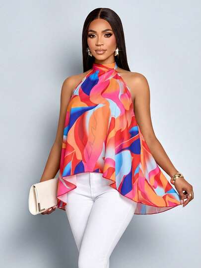 SOLERSUN Women's Vibrant Abstract Print Backless Sleeveless High-Low Hem Casual Loose Flowy Top