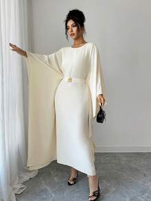 SHEIN Clasi Women's Elegant French Style Crew Neck Tie-Waist 3/4 Sleeve Dress, Suitable For Commute, Beach, Afternoon Tea - Apricot - View 6