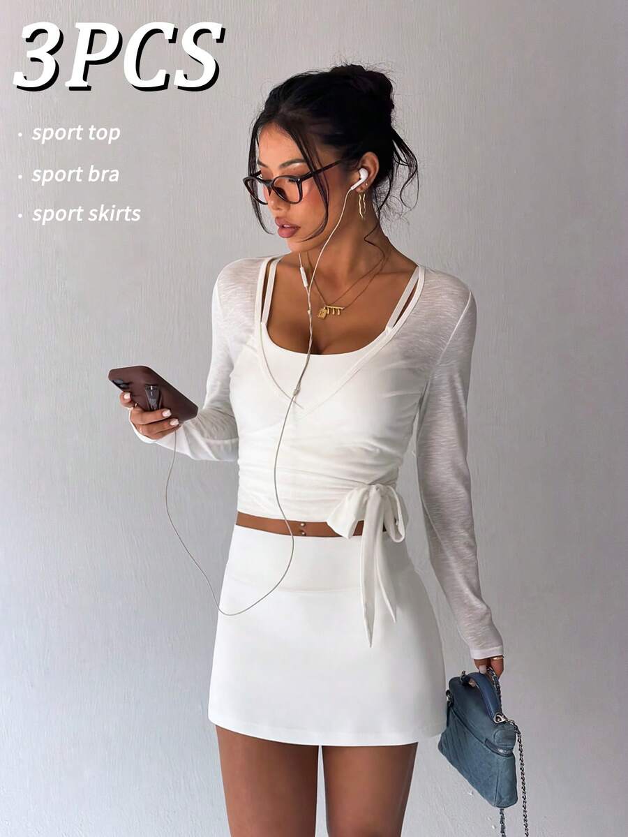 Dewbera 三件套女士运动套装，白色，包括：长袖透视网纱套头外套、带可拆卸胸垫的吊带背心和带开衩和口袋的短裙。适合日常休闲穿着、跑步、瑜伽、健身、网球、高尔夫等运动。春夏秋季皆宜。 - 白色 - 查看 1