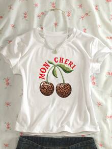 Sundraya Camiseta corta de mujer de cuello redondo y manga corta con estampado de letras y cerezas - Blanco - Ver 5