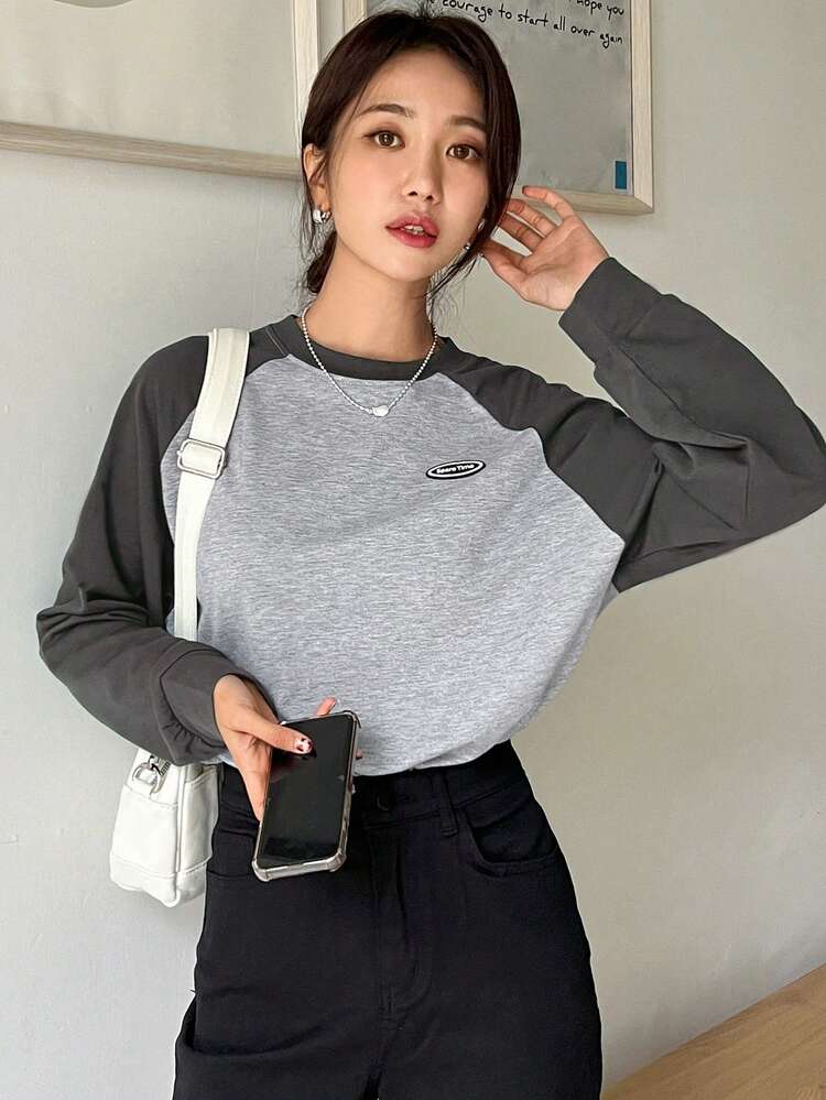 Letter Patched Colorblock Raglan Sleeve Tee,Fall Clothes Preppy Tops Long Sleeve Women Tops