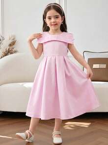 SHEIN Vestido sin mangas con cintura ceñida y cuello bordado para niñas, elegante para fiestas y ocasiones especiales - Rosa - Ver 1