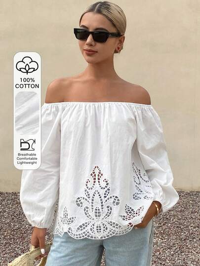 Livesso Women's Loose Solid Off Shoulder Long Sleeve Hollow Embroidered Casual Holiday Blouse Top, Summer Vacation Outfits Women