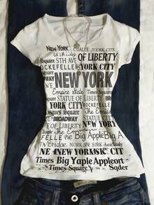 Glimmora Y2K 女款纽约字母图案T恤，复古圆领短袖舒适T恤，适合日常穿着 - 彩色 - 查看 4