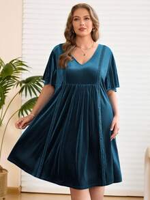 EMERY ROSE Plus Size Women's Summer Elegant Dinner Dress,Light Teal V-Neck Ruffle Sleeve Lace & Velvet Patchwork Viscose Casual Vacation Outfits For Women - Blue - View 5