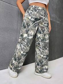 SHEIN ICON Women's Plus Size Branch Pattern Green Camo Cargo Pocket Wide Leg Loose Casual Jeans For Commute Vacation Autumn - Multicolor - View 4
