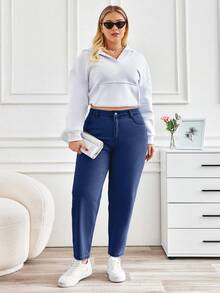 EURMUSE Plus Size Solid Color Slant Pocket Casual Versatile Jeans - Dark Wash - View 3