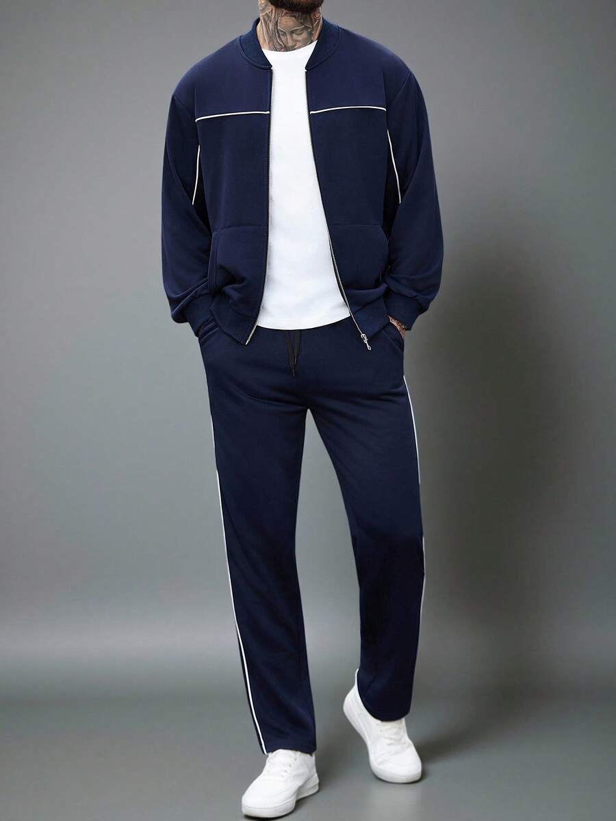 Manfinity Homme 男士落肩长袖拉链休闲夹克套装,男士运动服套装,男士运动套装,男士海军蓝套装,男士慢跑套装,适合复古风格、日常休闲、周末旅行、户外活动、探险旅行、轻松的工作环境或半正式场合,可作为男友/丈夫礼物、周年纪念/生日礼物,也适合派对、夏季、新年、婚礼、情人节等场合。 - 藏蓝色 - 查看 1
