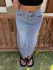 Livesso Women's Casual Washed Denim Slit Skirt - Medium Wash - View 7