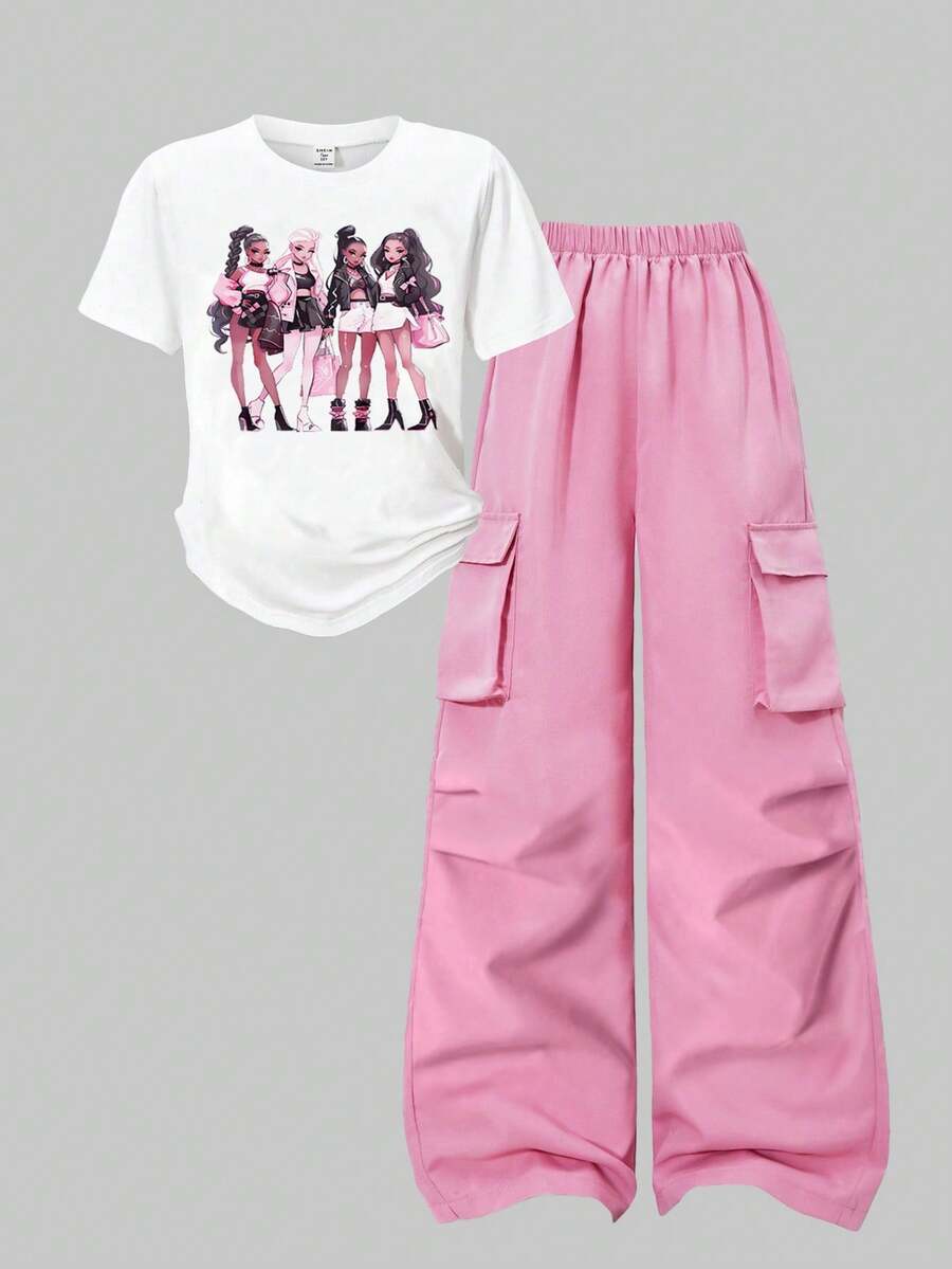 SHEIN ChillGRL 2pcs/Set Tween Girls Letter Print Crew Neck T-Shirt + Casual Cargo Pants, Street Style, Suitable For Summer Vacation - Pink - View 1