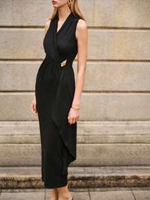 Lumivelle Valentine's Day Black Sleeveless V-Neck Dress For Women, Crossover Waist Ruched Skirt With Metal Buckle Decoration, Elegant High-Quality Dress For Daily, Commute, And Dates  Summer Dress Black Dress  Dress For Wedding Guest - Black - View 7
