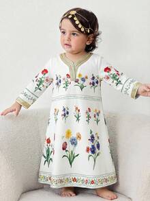 SHEIN 女婴碎花缎带饰边V领长袖连衣裙 - 彩色 - 查看 3