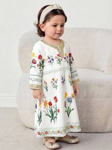 SHEIN 女婴碎花缎带饰边V领长袖连衣裙 - 彩色 - 查看 5