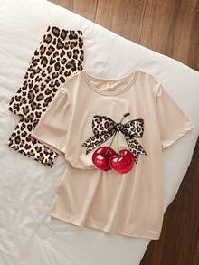 少女两件套睡衣套装，蝴蝶结豹纹针织上衣搭配豹纹长裤，舒适休闲家居服 - 杏色 - 查看 3