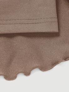 SHEIN MOD 女士简约纯色抽绳腰褶裥半身裙，夏季 - 咖啡棕 - 查看 3