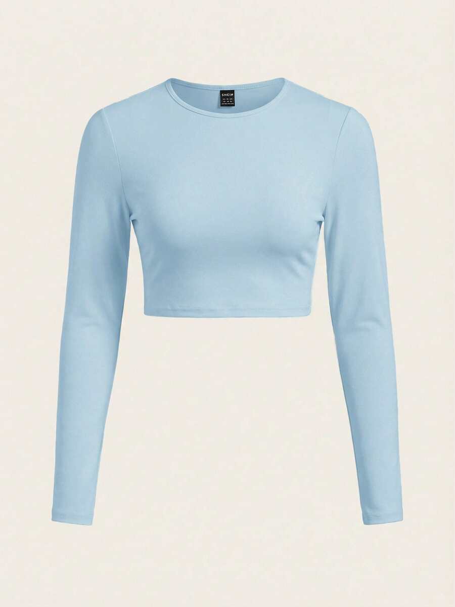 SHEIN BASICS 女士休闲纯色圆领长袖短款T恤，秋季百搭单品
