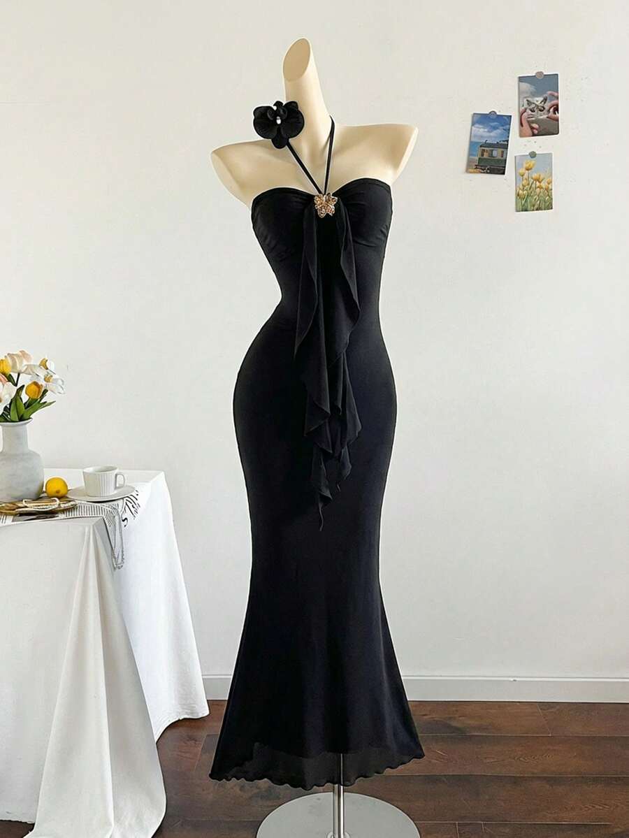 Soleia 女士优雅金属装饰鱼尾裙摆连衣裙，夏季 - 黑色 - 查看 1